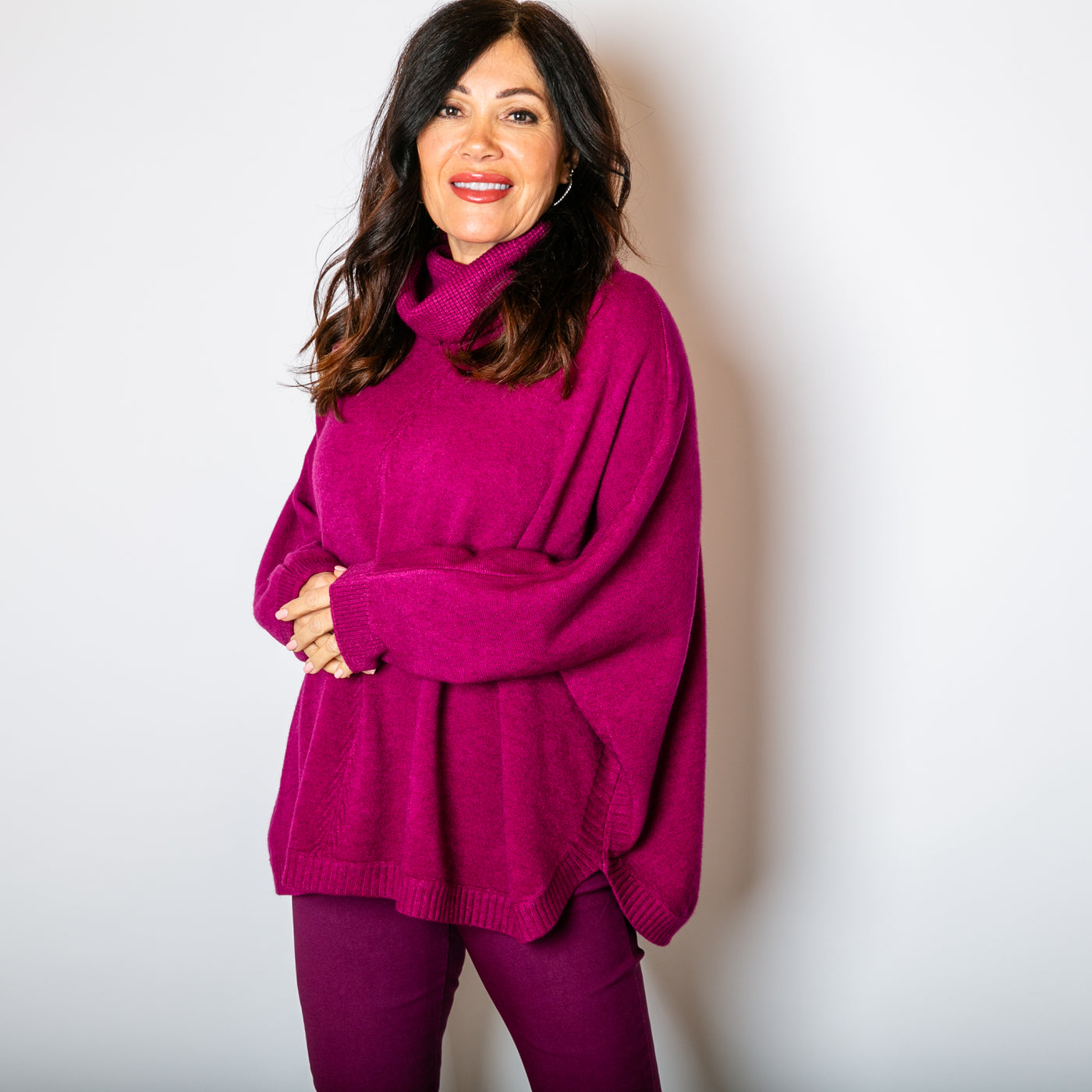 The High Neck Relax Fit Jumper in plum purple with long sleeves