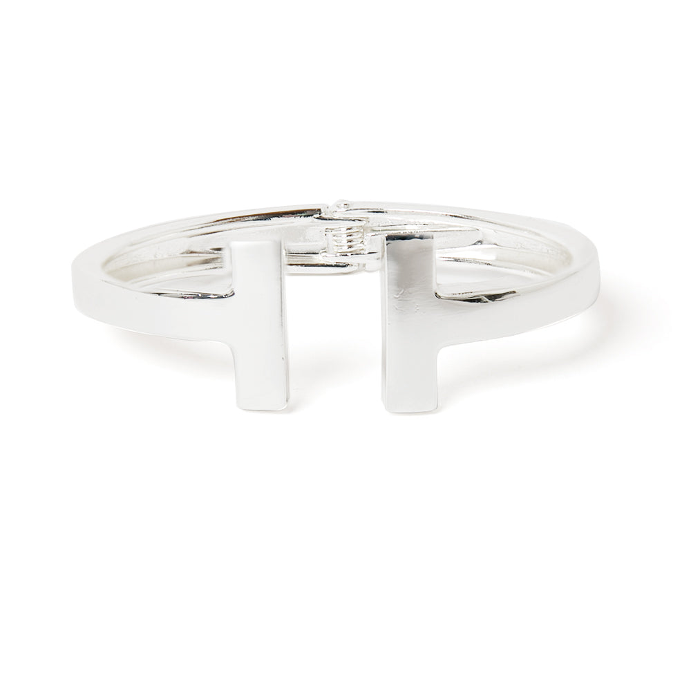 The silver Honey Cuff Bangle with T shaped ends and a hinge fastening for easy wear