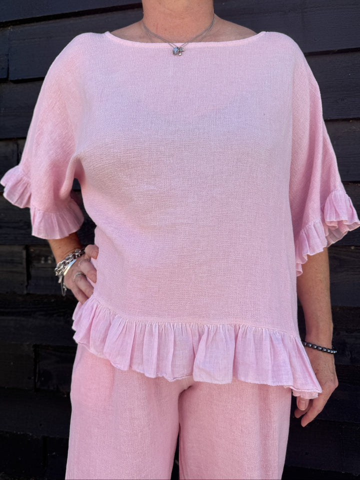 Linen Blend Ruffle Hem Top