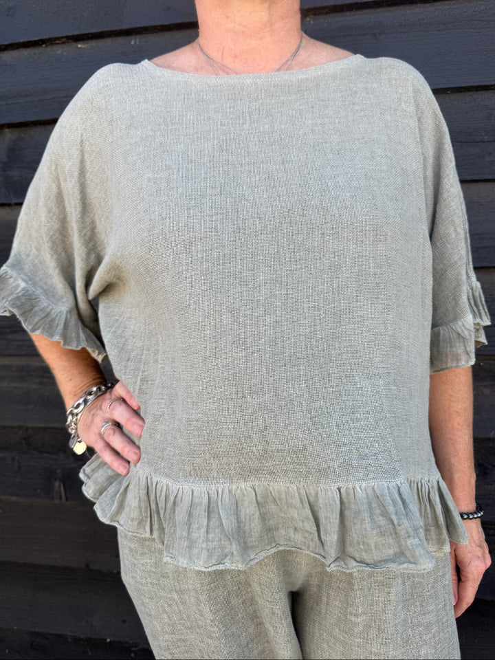 Linen Blend Ruffle Hem Top