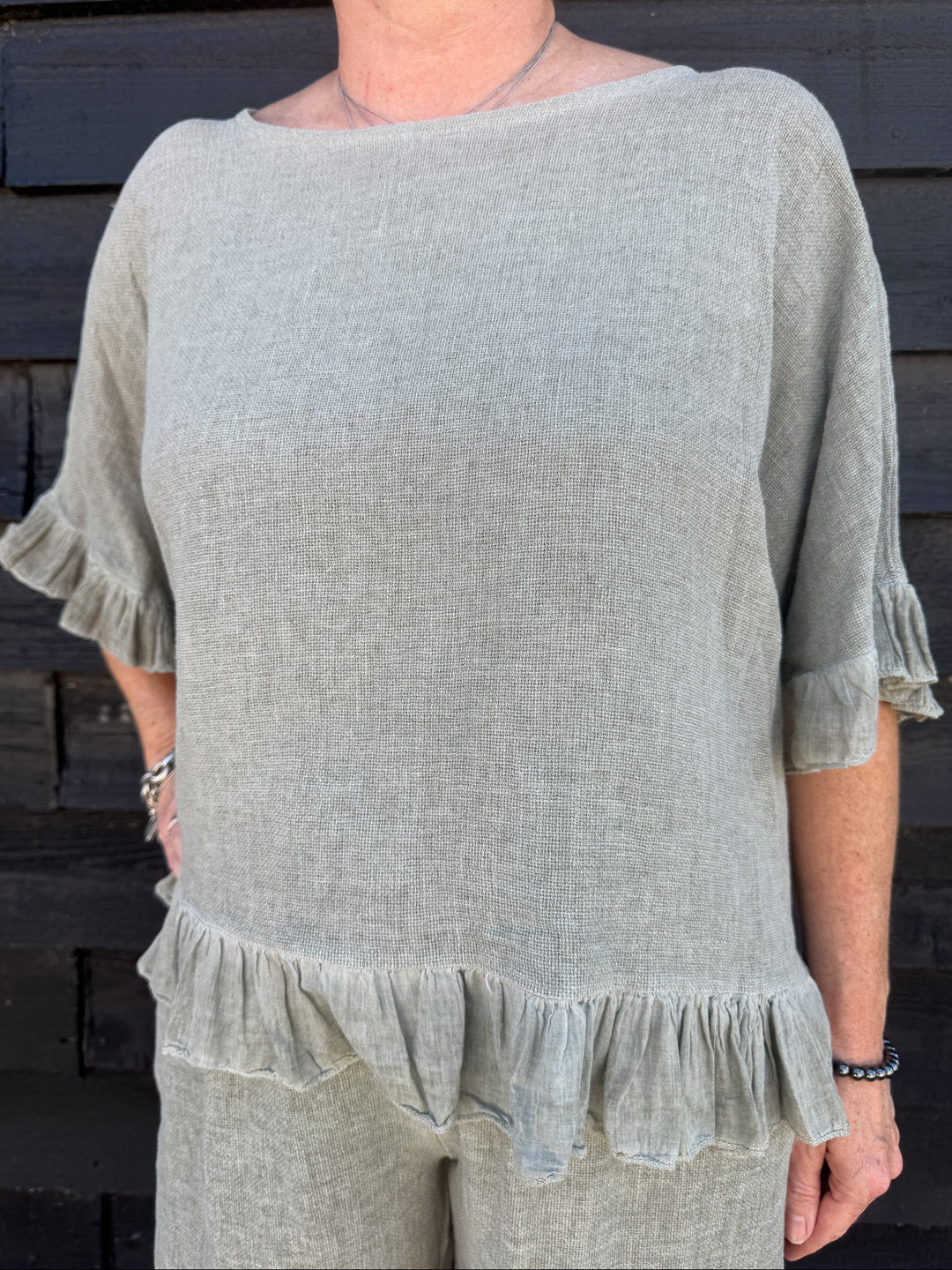 Linen Blend Ruffle Hem Top