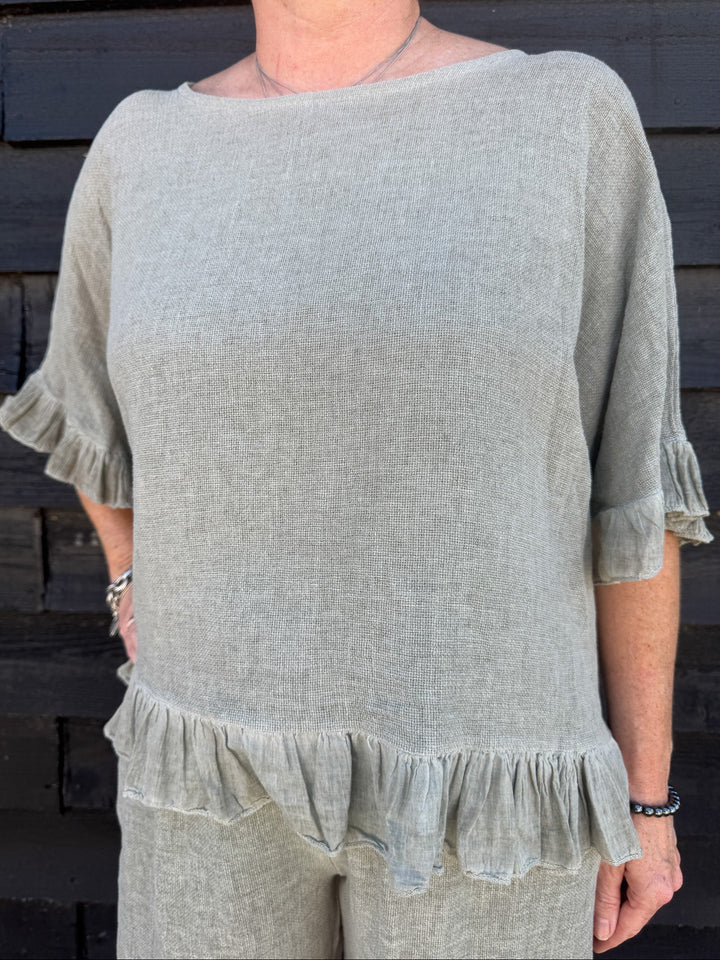 Linen Blend Ruffle Hem Top