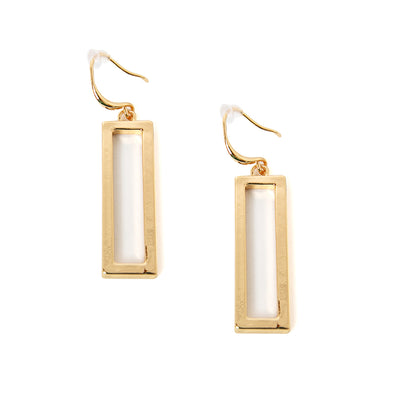 The Iona earrings in gold with a hook fastening in a long rectangular shape 