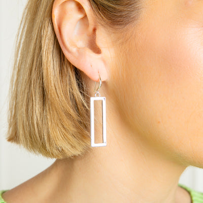 The Iona Earrings in silver, sleek and elegant, perfect for day or night time wear.