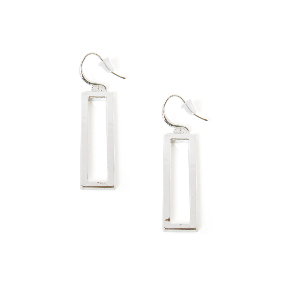The Iona earrings in silver with a hook fastening in a long rectangular shape 