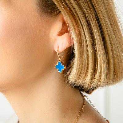 The blue Ivy Earrings which are perfect for adding a pop of colour to any outfit through the spring and summer