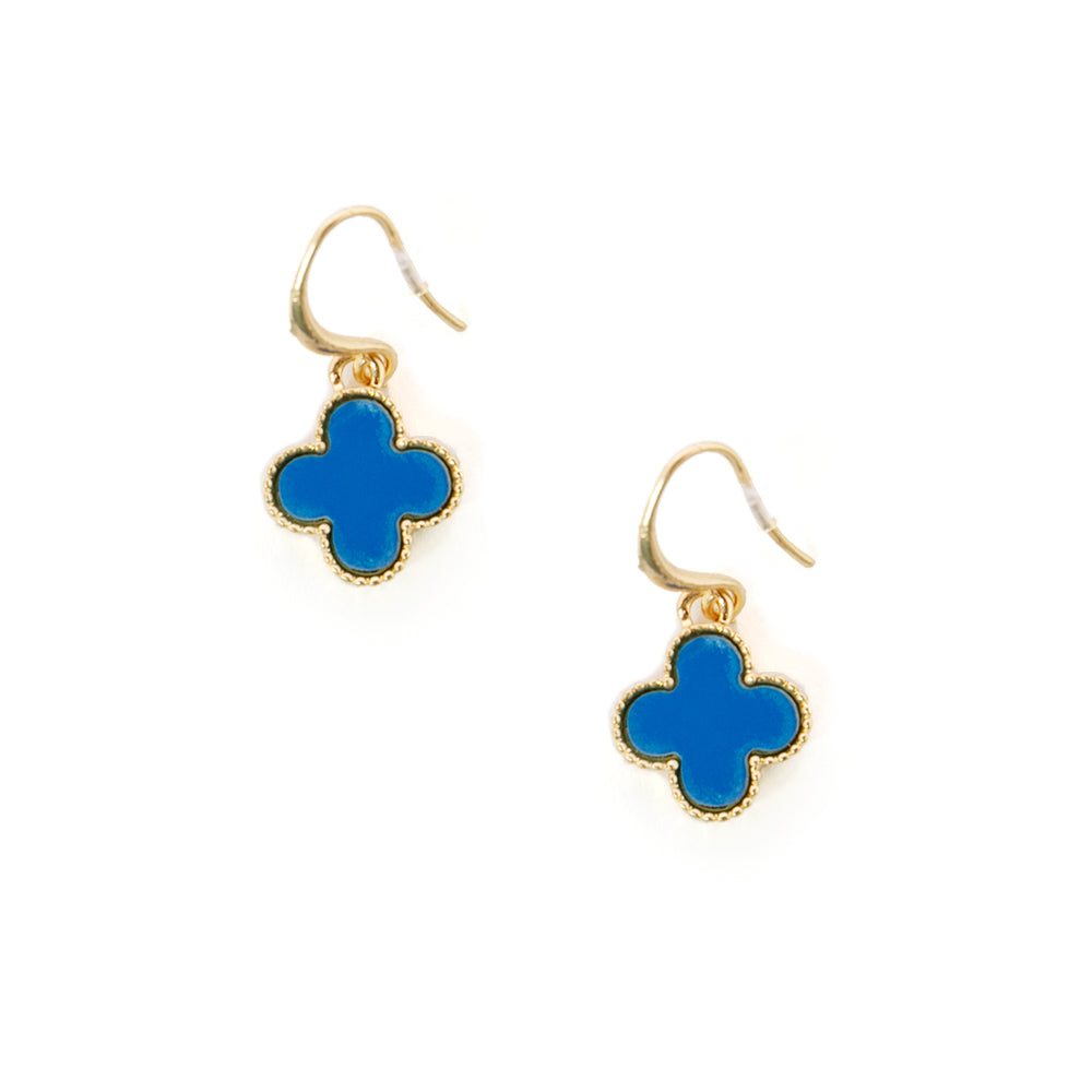 The blue Ivy Earrings in a four leaf clover shape with hook fastenings to go through the ears