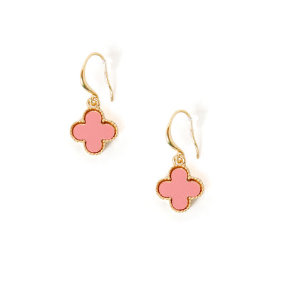 The pink Ivy Earrings in a four leaf clover shape with hook fastenings to go through the ears