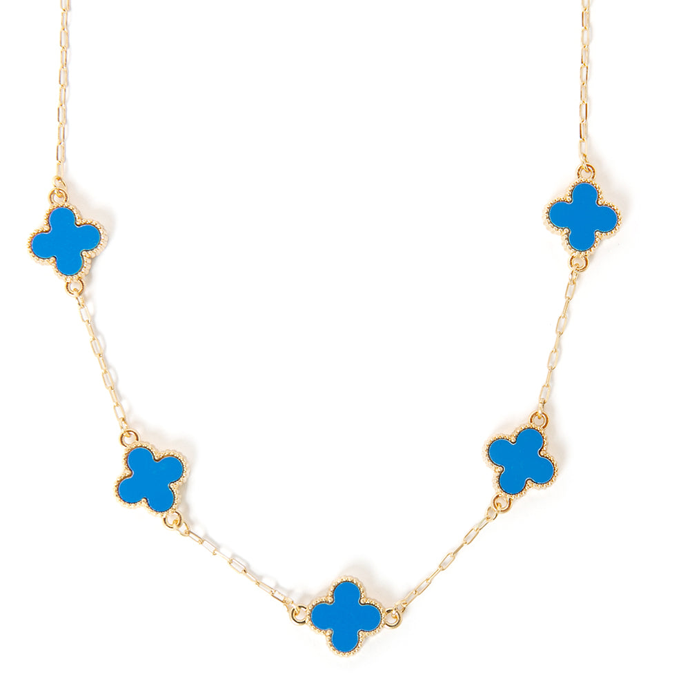 The blue Ivy Short Necklace with a gold wide link chain