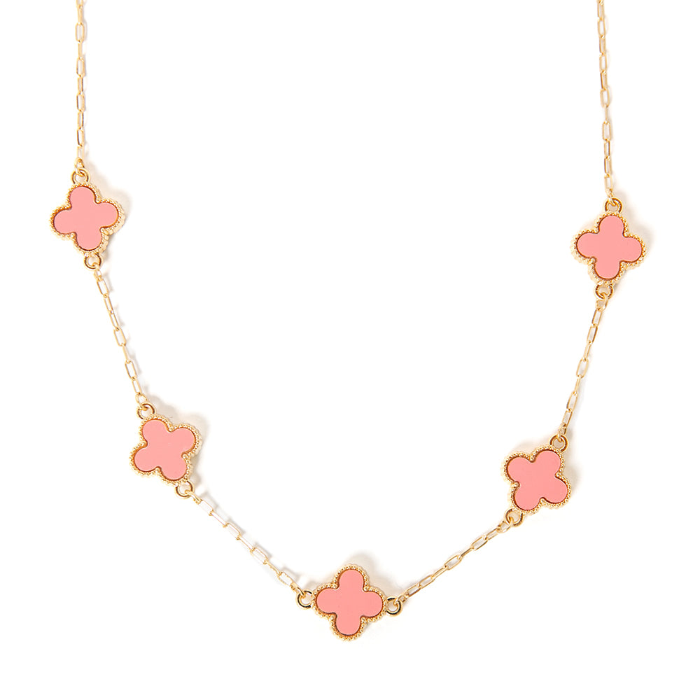 The pink Ivy Short Necklace with a gold wide link chain