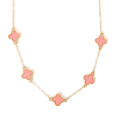 The pink Ivy Short Necklace with a gold wide link chain