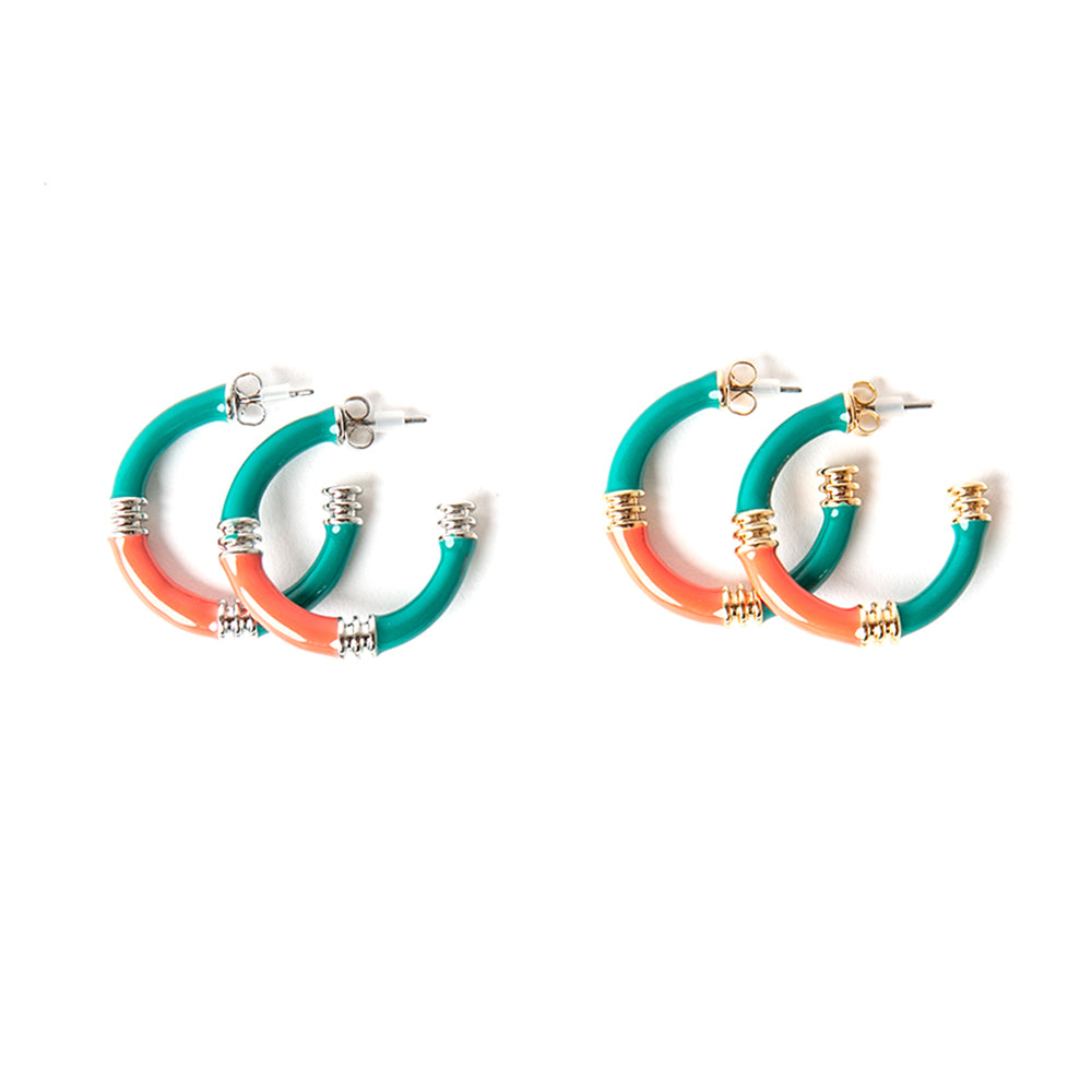 The Jace Hoop Earrings available in silver and gold plating with hints of green and orange