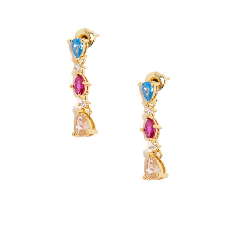 The Jacob Earrings in gold with beautifully set multicoloured stones  in blue pink and orange