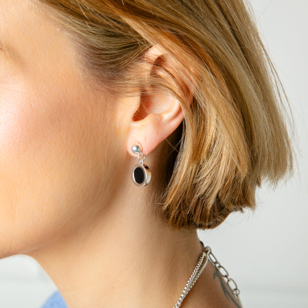 The silver and black Jasmine Earrings with a stud back fastening to keep them secure
