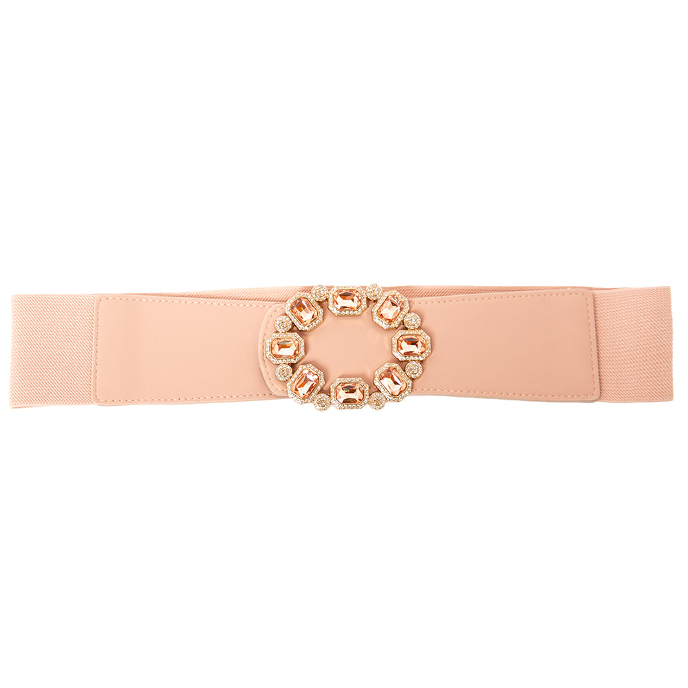 The Jodie Elasticated Belt in dusky pink with beautiful jewel gem diamanté's on the front, perfect for bringing the glamour to any outfit
