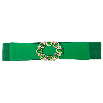 The Jodie Elasticated Belt in emerald green with beautiful jewel gem diamanté's on the front, perfect for bringing the glamour to any outfit