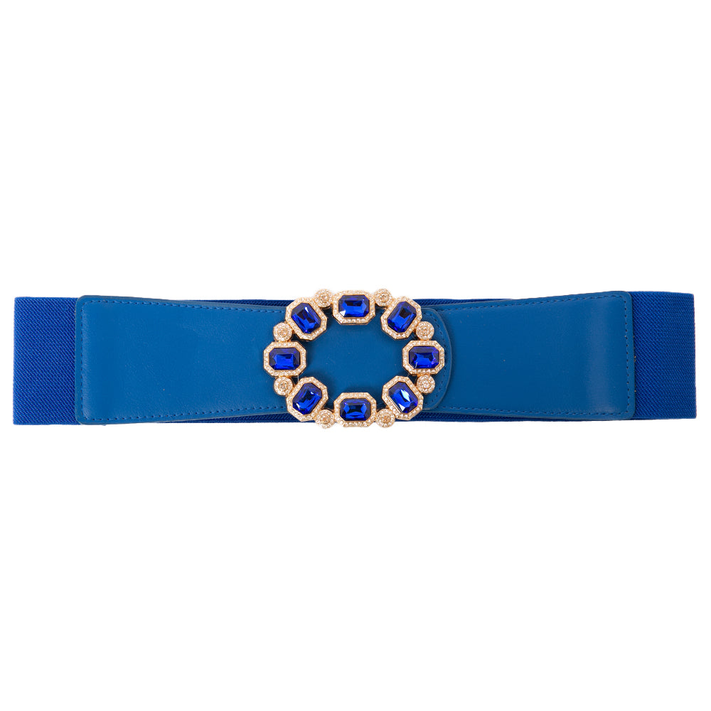 The Jodie Elasticated Belt in royal blue with beautiful jewel gem diamanté's on the front, perfect for bringing the glamour to any outfit