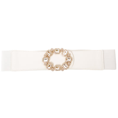 The Jodie Elasticated Belt in white with beautiful jewel gem diamanté's on the front, perfect for bringing the glamour to any outfit