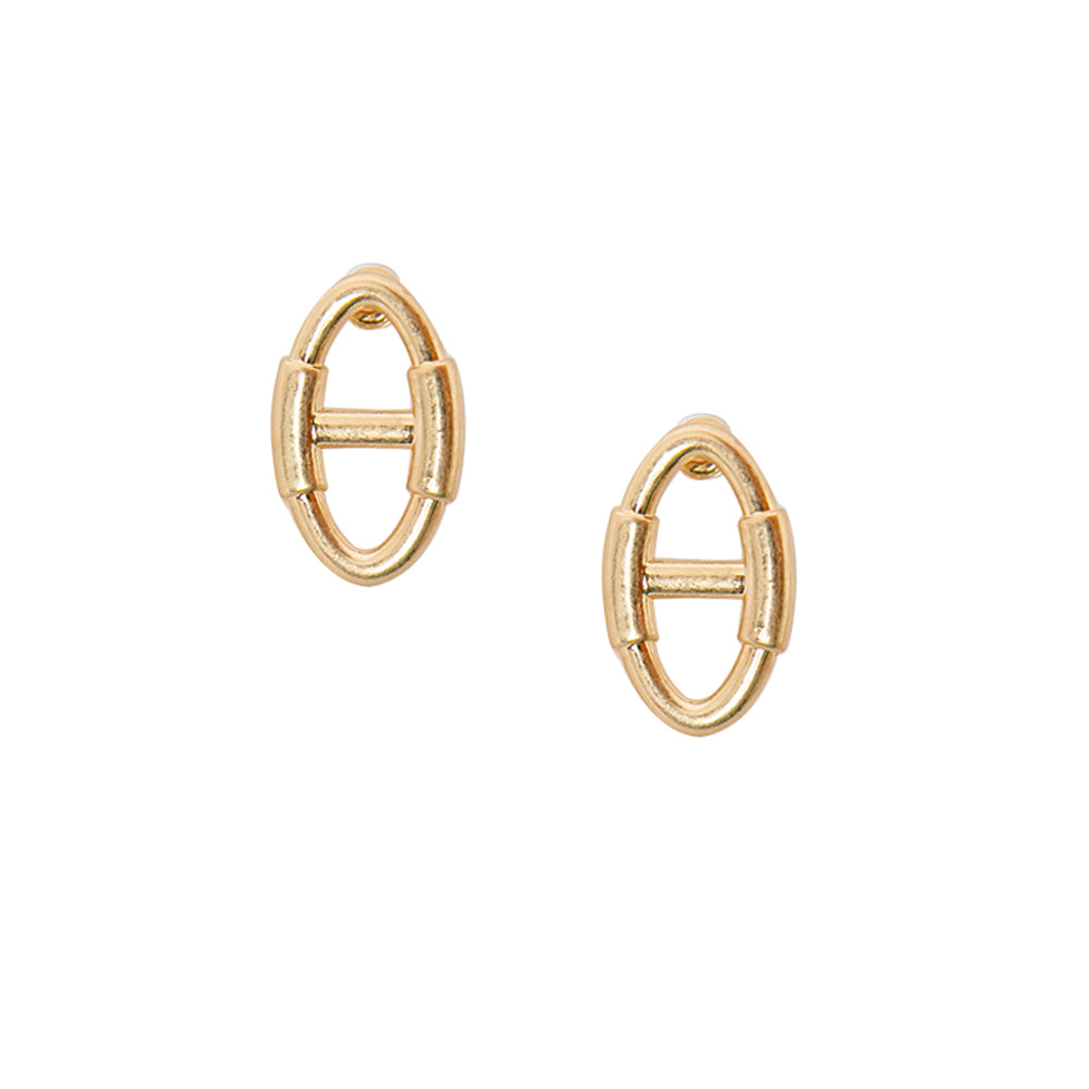 The Juno Earrings in gold which consist of an oval shaped stud with a bar across the middle and fasten behind the ear with a disc back