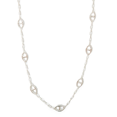 The Juno Long Necklace in silver with oval shaped pendants on a wide link chain that can be adjusted to desired length