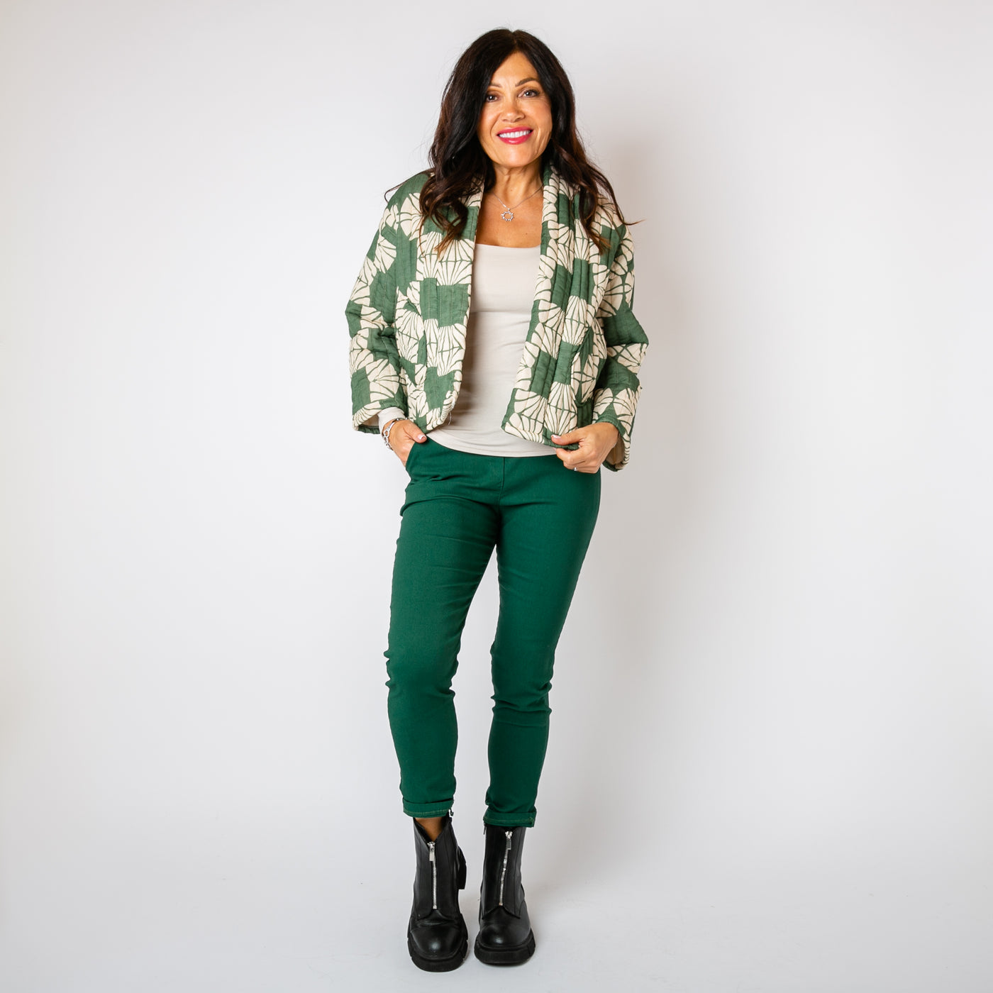 The forest green Kimono Pattern Quilted Jacket made from 100% cotton 