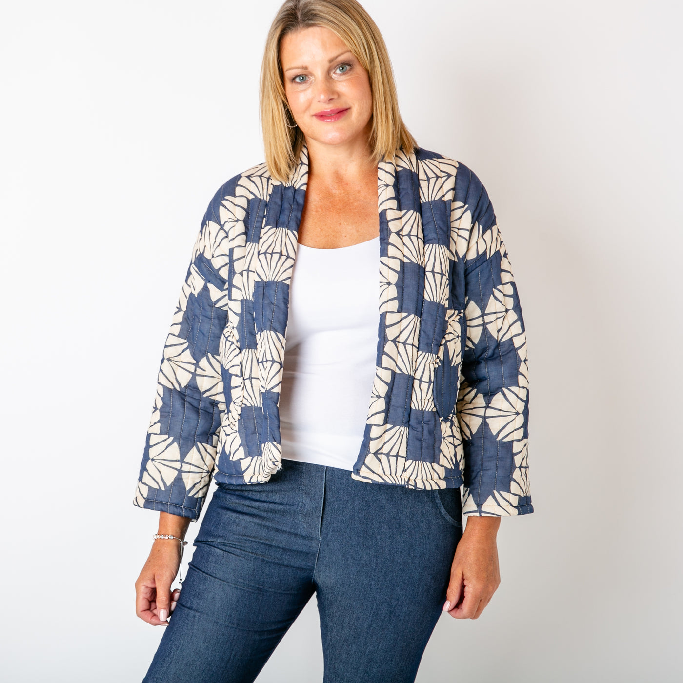 The navy blue Kimono Pattern Quilted Jacket with pockets on either side of the hips