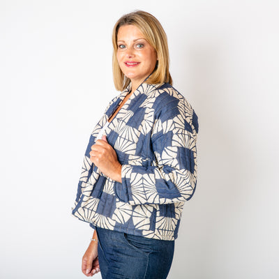 The navy blue Kimono Pattern Quilted Jacket made from 100% cotton 