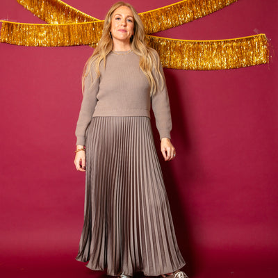 The Taupe Brown Knit And Satin Jumper Dress with long sleeves and a round neckline