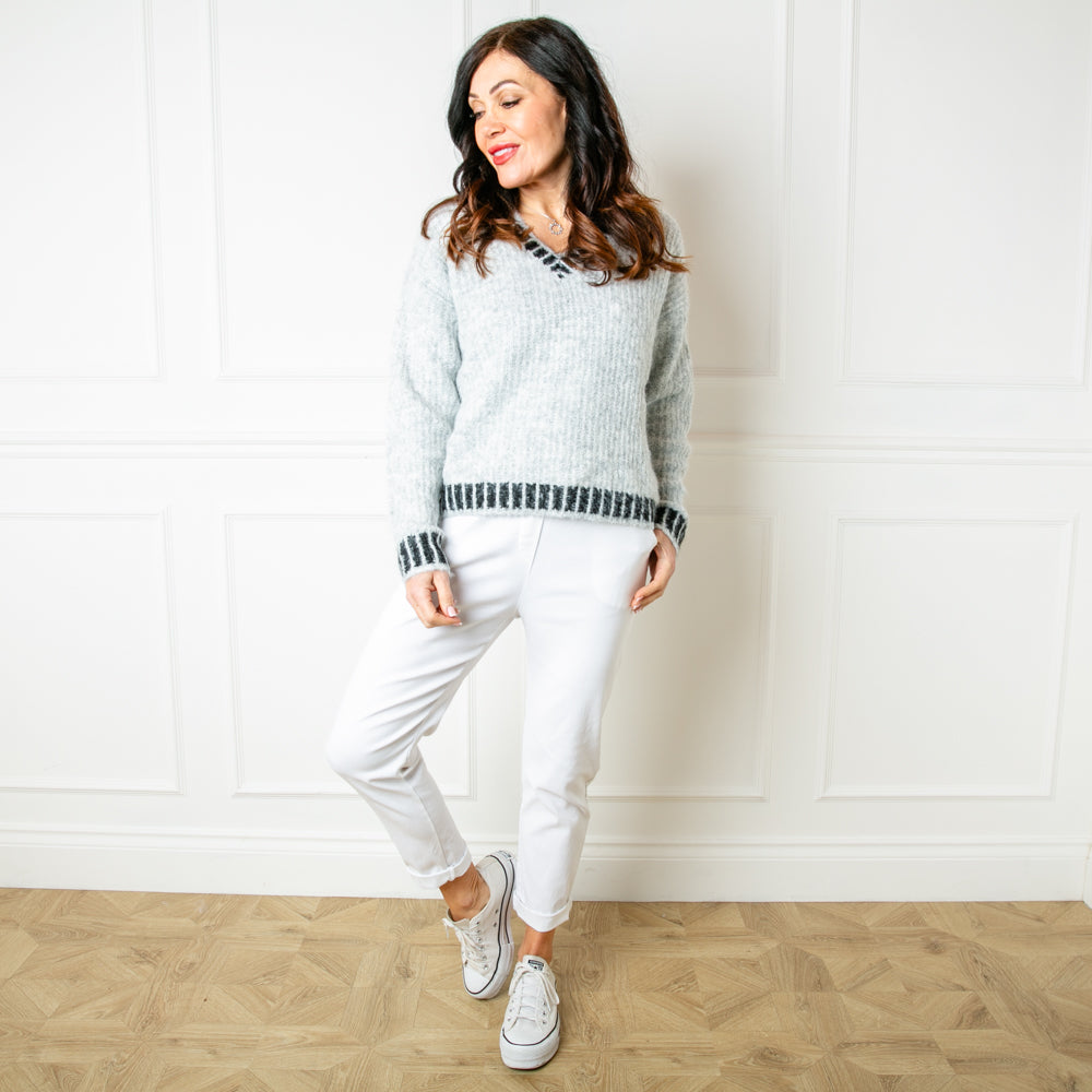 The grey Knitted Prep Sweater made from a blend of nylon, wool and recycled polyester
