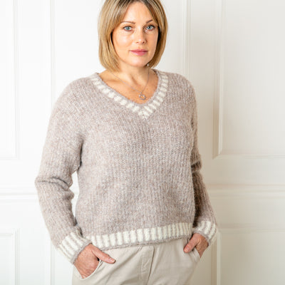 The taupe brown Knitted Prep Sweater made from a blend of nylon, wool and recycled polyester