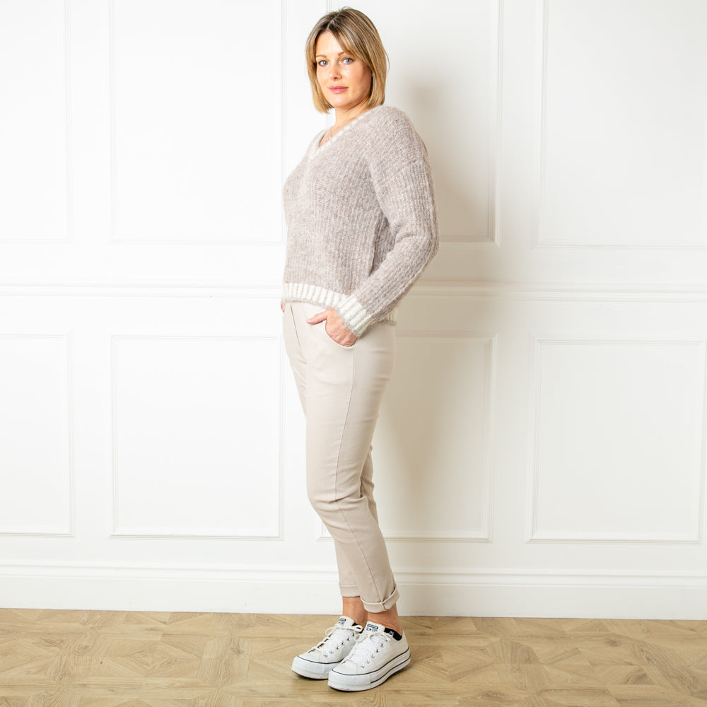 The taupe brown Knitted Prep Sweater with striped detailing around the cuffs, neckline and bottom hemline