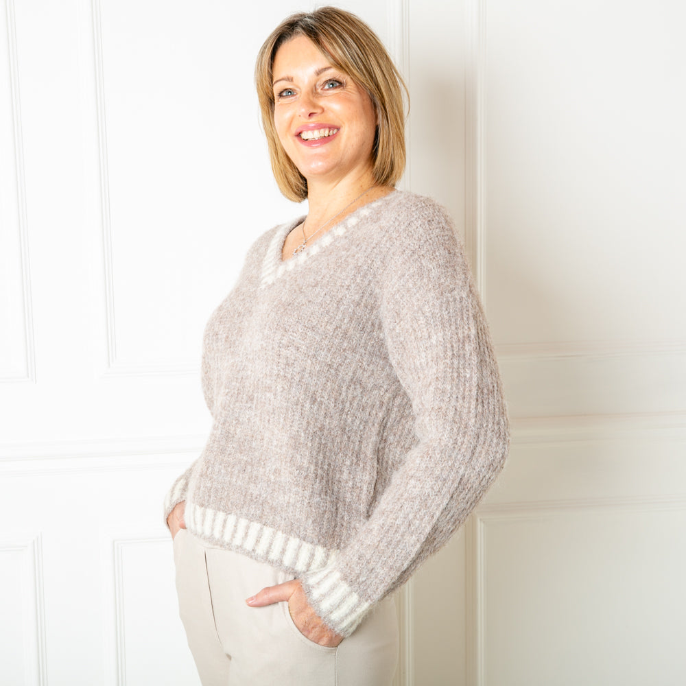 The taupe brown Knitted Prep Sweater with long sleeves and a v neckline 