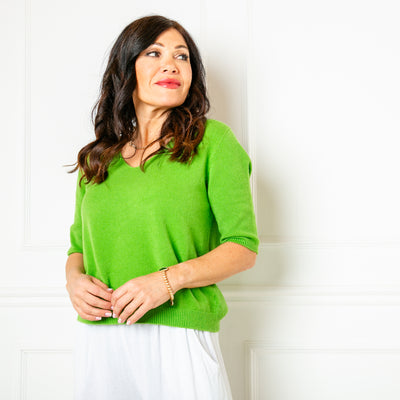 The emerald green Knitted Short Sleeve Top with a v neckline and 3/4 length sleeves