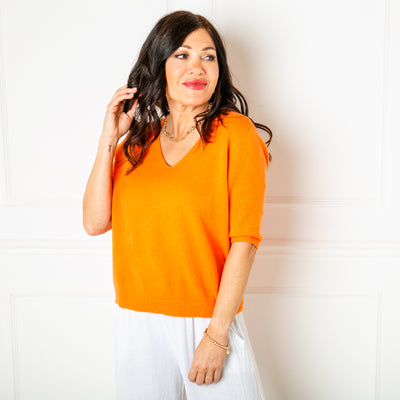 The orange Knitted Short Sleeve Jumper made from a fine knitted blend of viscose, nylon and polyester