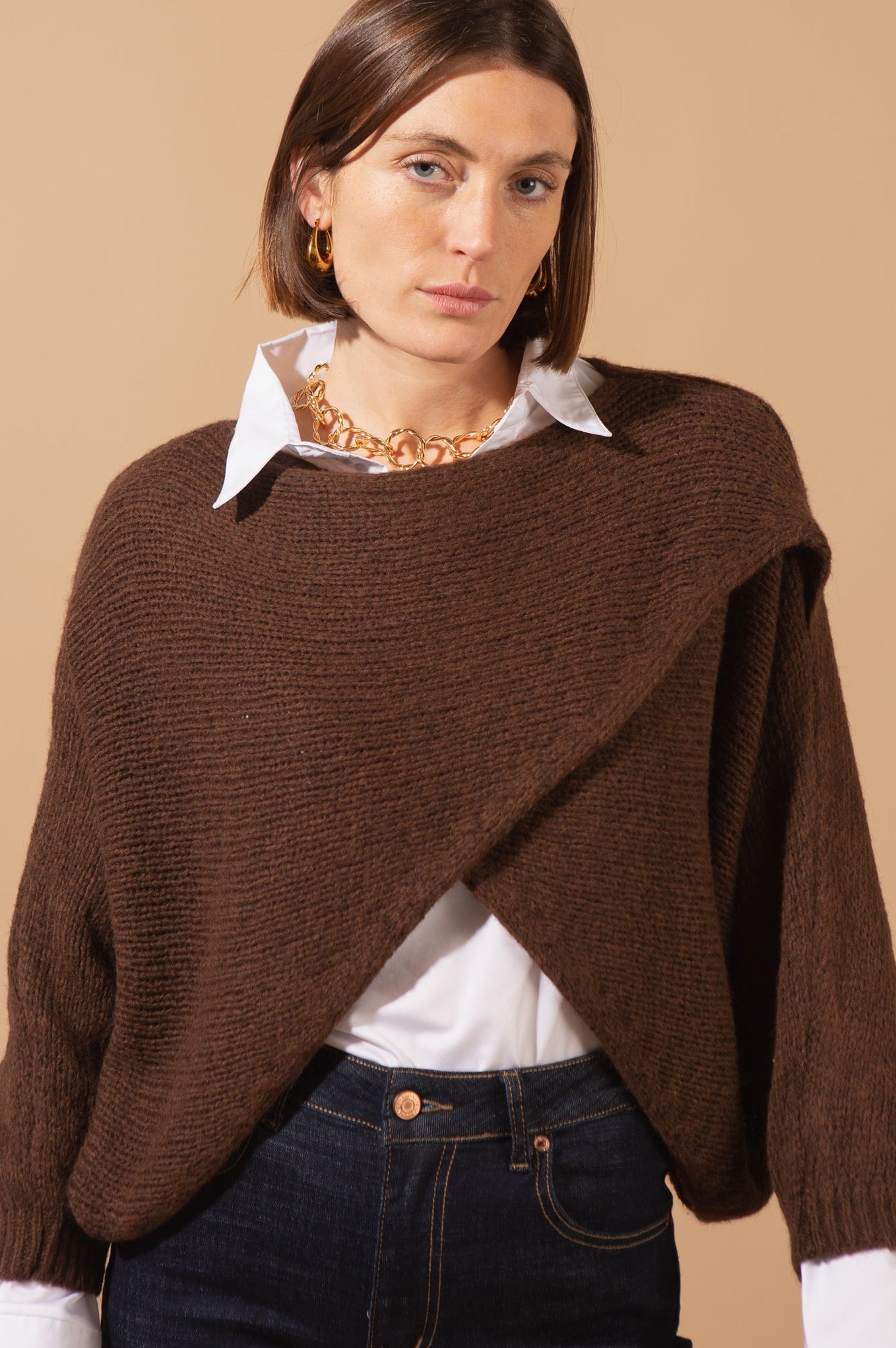 Knitted Wool Blend Crossover Jumper