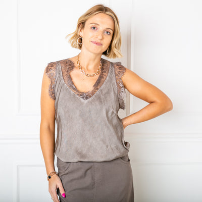 The Lace Camisole in Silver Grey sleeveless with a v neckline with a lace trim around the edges