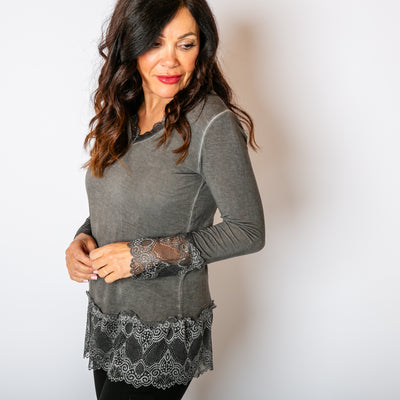 The charcoal grey Lace Trim Top with lace detailing around the sleeves, neckline and bottom hemline 