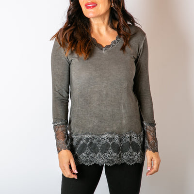 The charcoal grey Lace Trim Top, made from a soft stretchy material