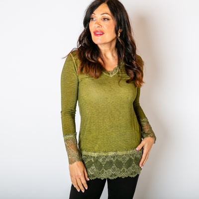 The khaki green Lace Trim Top with long sleeves and a v neckline