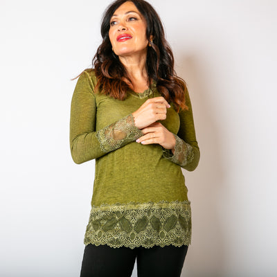 The khaki green Lace Trim Top with lace detailing around the sleeves, neckline and bottom hemline 