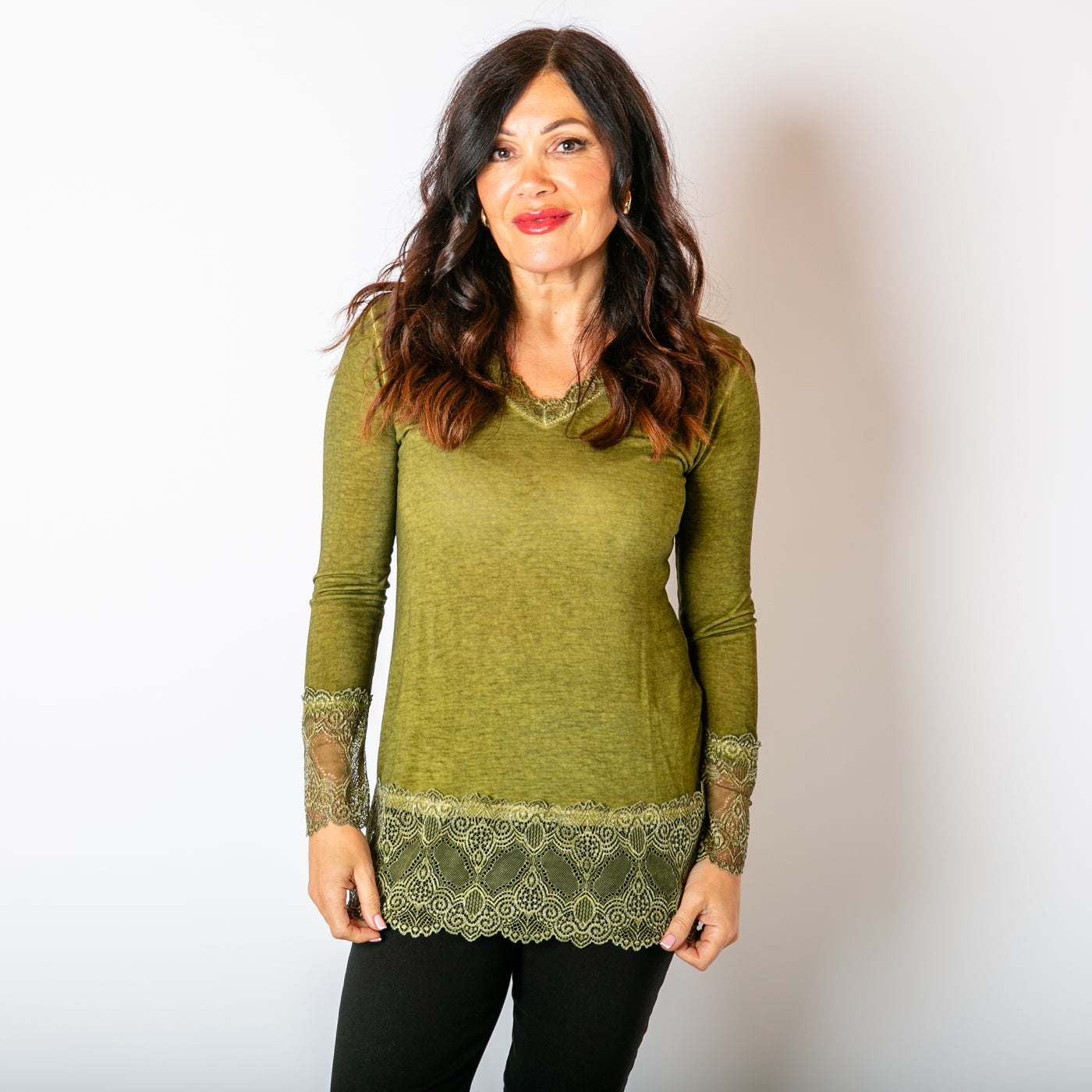 The khaki green Lace Trim Top, made from a soft stretchy material