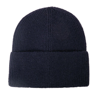 The Layla Beanie in navy blue made from a ribbed stretchy blend of wool and viscose. The perfect present gift for someone special 