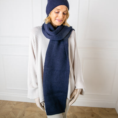 The Layla Scarf in navy blue which makes a great gift present and pairs perfectly with the Layla beanie 