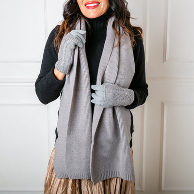 The Layla Scarf in silver grey made from a ribbed knitted blend of wool and viscose