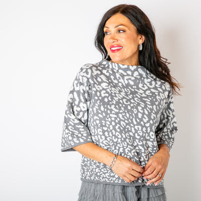 The grey Leopard Boxy Jumper with 3/4 length sleeves and a slash boat neckline