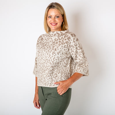 The stone cream Leopard Boxy Jumper with 3/4 length sleeves and a slash boat neckline