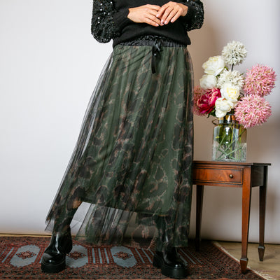 The khaki green Leopard Chiffon Layer Skirt with a tulle top skirt and a silky lining underneath