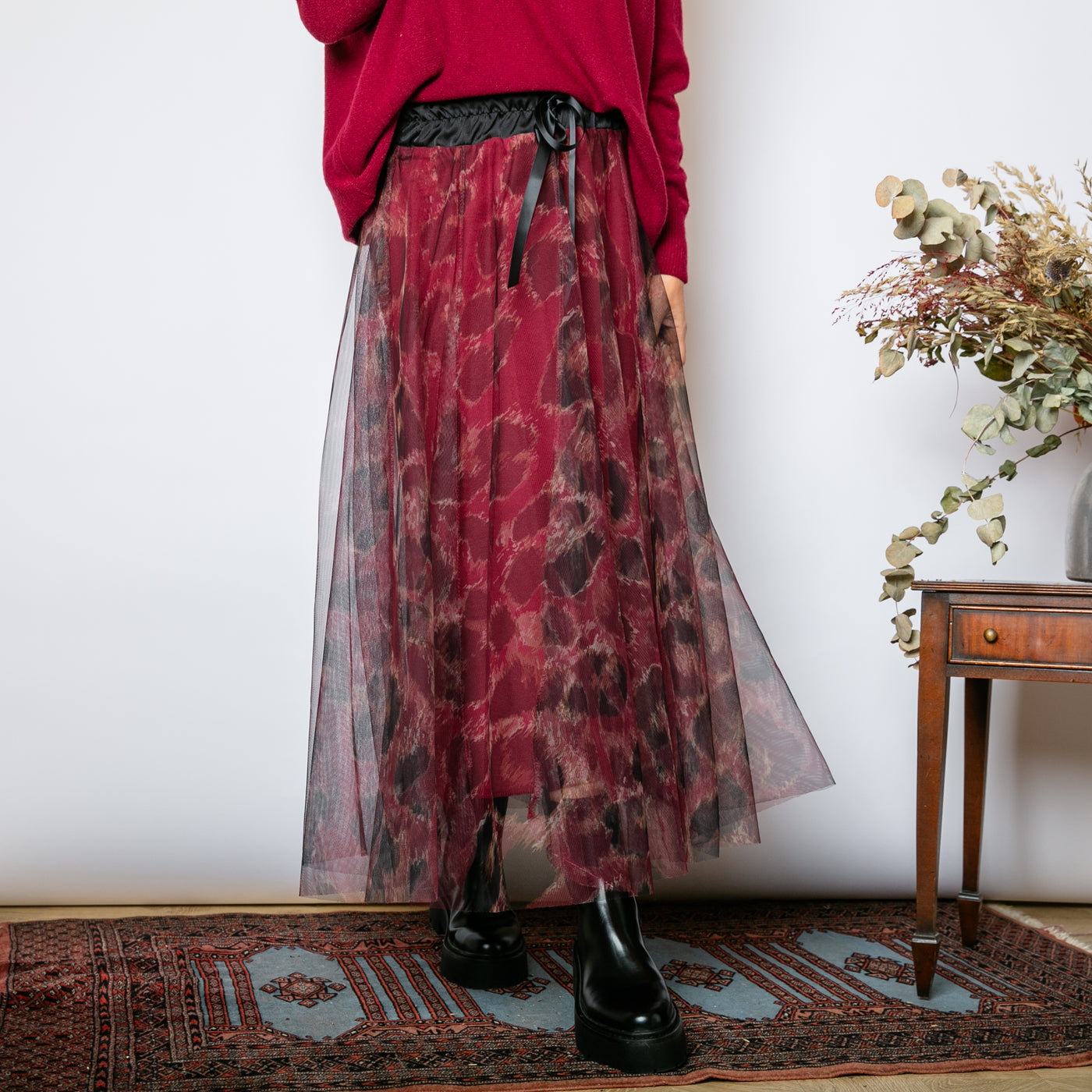 The wine red Leopard Chiffon Layer Skirt with a tulle top skirt and a silky lining underneath