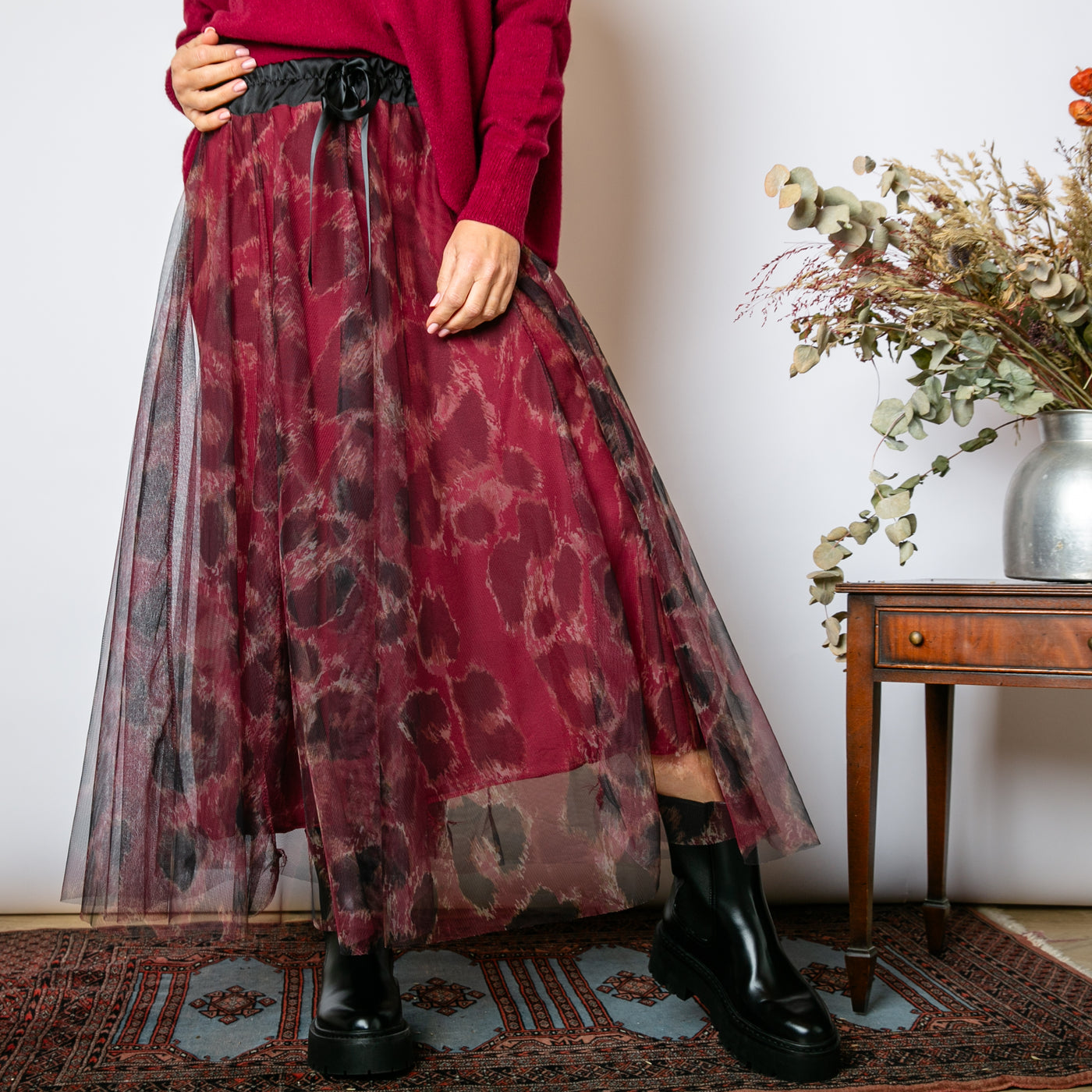 The wine red Leopard Chiffon Layer Skirt featuring a gorgeous animal print pattern