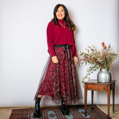 The wine red Leopard Chiffon Layer Skirt which pairs perfectly with a cosy matching jumper